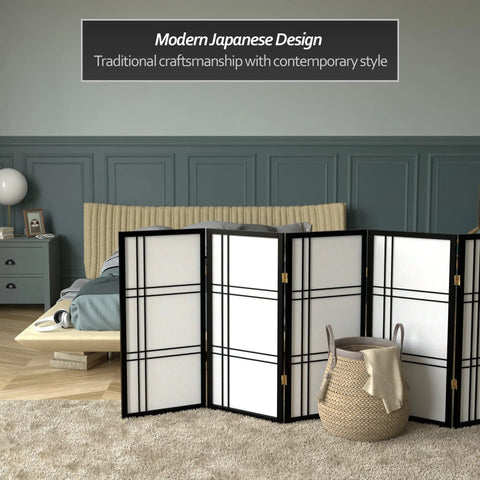 Compact 3 Ft Double Cross Shoji Room Divider In Black 5 Panels Lightweight Privacy Screen With Rice Paper Panels In Bedroom