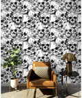 Dope Gothic Peel And Stick Wallpaper With Sugar Skull Floral Pattern for Bedroom in Black and White removable accent wall decor