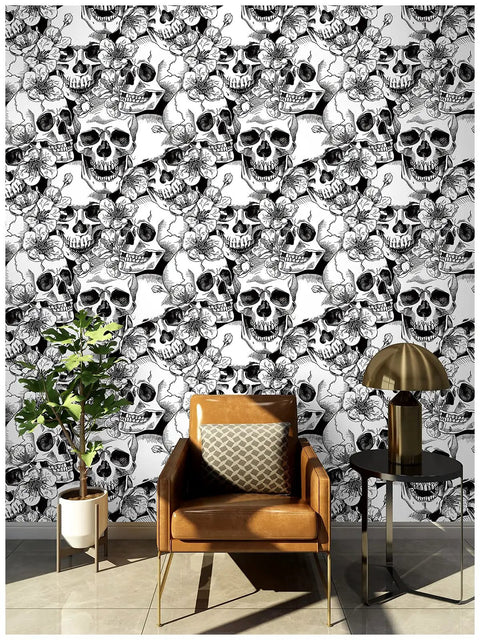 Dope Gothic Peel And Stick Wallpaper With Sugar Skull Floral Pattern for Bedroom in Black and White removable accent wall decor