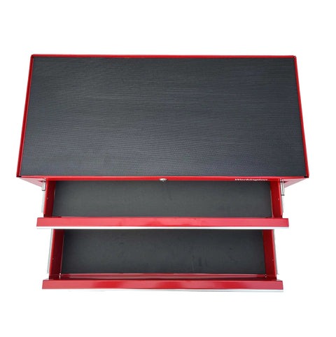 Top view of Industrial Two Drawer Portable On The Go Metal Tool Chest Cabinet 26 Inch Wide Middle Box with Ball Bearing Drawer Slides Central Cam Lock Steel Tool Storage Organizer Red, highlighting the open drawers and red steel construction.