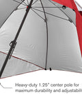 Inside view of oversized 9 foot UPF 50 plus umbrella shelter with privacy panels, showing heavy-duty center pole and red canopy.