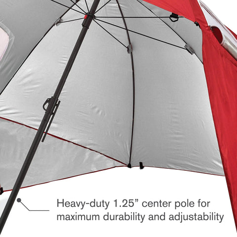 Inside view of oversized 9 foot UPF 50 plus umbrella shelter with privacy panels, showing heavy-duty center pole and red canopy.