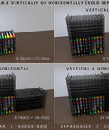 72 Slot Art Marker Storage Tray Desk Organizer, modular, adjustable dividers, stackable, tinted plastic, various configurations.