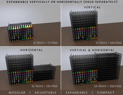 72 Slot Art Marker Storage Tray Desk Organizer, modular, adjustable dividers, stackable, tinted plastic, various configurations.