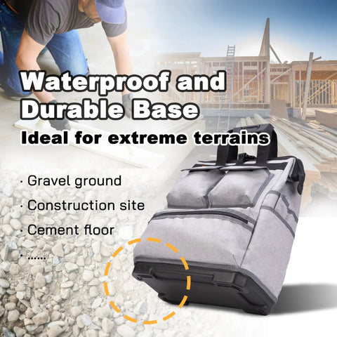 Heavy Duty Tool Backpack With Laptop Compartment Waterproof Molded Base for construction site, gravel, and cement use.