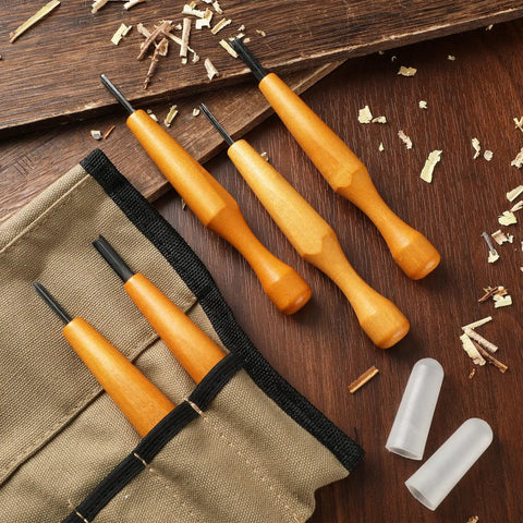 Top Notch 5 Piece Linoleum Carving Tool Set Featuring Knockout Sharp Triangular Linocut Knives With Smooth Beechwood Handles And Protective Rubber Caps for precision art.