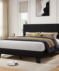Heavy Duty Queen Bed Frame With Padded Linen Headboard, Solid As Rock Wood And Steel Slat Base, No Box Spring Required, Absolute Zero Noise, Quick One Person Setup, Matte Black For Chill Bedroom Vibes in modern room.