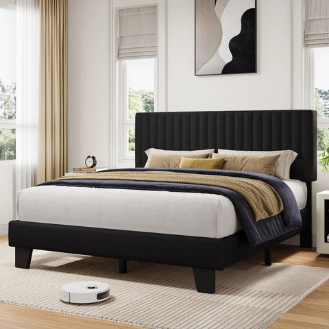 Heavy Duty Queen Bed Frame With Padded Linen Headboard, Solid As Rock Wood And Steel Slat Base, No Box Spring Required, Absolute Zero Noise, Quick One Person Setup, Matte Black For Chill Bedroom Vibes in modern room.