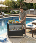 80 Quart Rolling Ice Chest With Built In Top Prep Table And Four Wheels Party Patio Cooler Cart Portable Outdoor Beverage Cooler With Drain Plug Weather Resistant For BBQs Pool Decks Indoor And Outdoor Use by pool with bottles inside