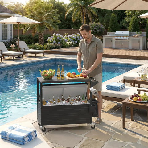80 Quart Rolling Ice Chest With Built In Top Prep Table And Four Wheels Party Patio Cooler Cart Portable Outdoor Beverage Cooler With Drain Plug Weather Resistant For BBQs Pool Decks Indoor And Outdoor Use by pool with bottles inside