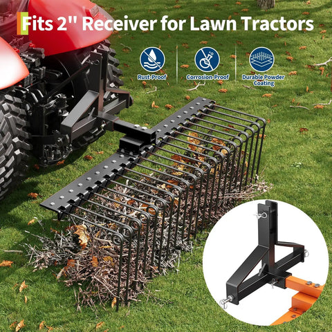 Heavy Duty Tow Behind Landscape Rake For Tractor ATV And UTV With Seventeen Powder Coated Steel Tines And A Two Inch Receiver Hitch attached to a tractor.