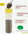Do It Yourself Soil Texture Test Kit With Calibrated Jar showing soil, detergent, and water levels for measuring soil layers.