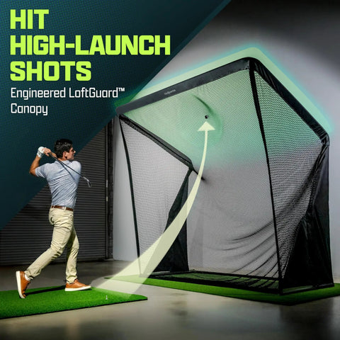 Elite Golf Net With LoftGuard Canopy And Steel Frame 8 By 8 Foot Practice Hitting Net For Indoor And Outdoor Use Built For High Launch Shots Wedge Gapping And Consistency shown in use indoors with golfer swinging.