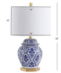 Blue And White Ginger Jar Ceramic LED Table Lamp With Gold Base And White Linen Shade, Chinoiserie Style Lighting For Living Room Or Bedroom, Includes LED Bulb, ETL Listed, Classic Traditional Vibe