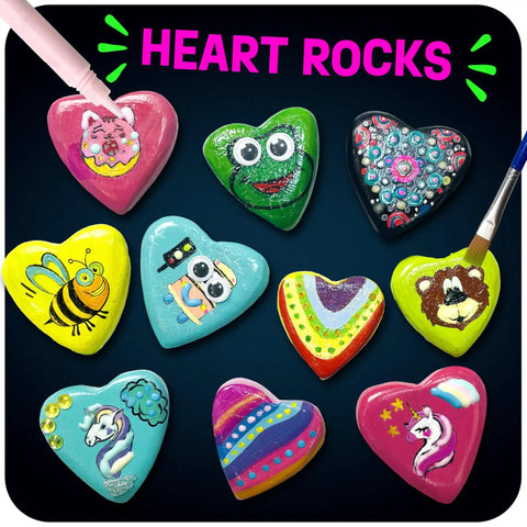 Glow In The Dark Heart Rock Painting Kit For Kids Ages 4 To 12, STEM Craft Set With puffy paint heart rocks in colorful designs