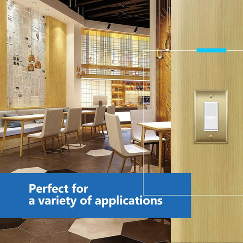 Brushed Brass Stainless Steel Wall Plate 1-Gang Outlet Cover in modern dining room setting.