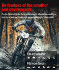 Cyclist racing on dirt trail showcasing Ceramic Disc Brake Pads For Ebikes And Electric Dirt Bikes Universal Fit For SurRon Light Bee X S Talaria Sting R MX3 MX4 Segway X160 X260 Delivers Beefed Up Modulation And Strong Stopping Power For Everyday Riding.
