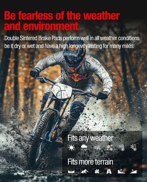 Cyclist racing on dirt trail showcasing Ceramic Disc Brake Pads For Ebikes And Electric Dirt Bikes Universal Fit For SurRon Light Bee X S Talaria Sting R MX3 MX4 Segway X160 X260 Delivers Beefed Up Modulation And Strong Stopping Power For Everyday Riding.