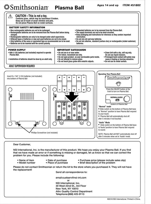 Instruction sheet for 5 Inch Battery Operated Plasma Ball with safety and installation details.
