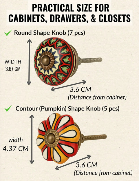 Get Ready For Major Furniture Glow Ups With Our 12 Pack Of Decorative Ceramic Drawer Pulls For Kitchen Cabinets And Bathroom Vanities Featuring Hand Painted Glazed Details That Are Super Tough And Bring Instant Boutique Vibes Just Swap Them On. Illustration of round and pumpkin-shaped ceramic knobs for cabinets.