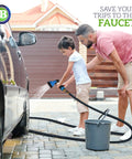 J&B XpandaHose expandable garden hose, black with blue nozzle, used to wash a car