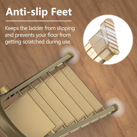 Six Step Folding Ladder For 12 Foot Ceilings Aluminum Stepladder With Gold Finish Portable Stool With Shelf EZ Fold And Store Ideal For Kitchen Bedroom Library Classroom And Even Doubles As Flower Stand anti-slip feet on wood floor