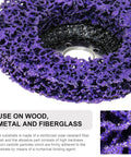 Heavy Duty 5 Pack 4.5 Inch Angle Grinder Paint Stripper Discs Featuring Premium Silicon Carbide Grit close-up of disc with purple abrasive surface.