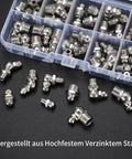 60 Piece Metric Grease Fittings Kit With Straight And Angled Zerk Fittings M6 M8 M10 in plastic case on black surface