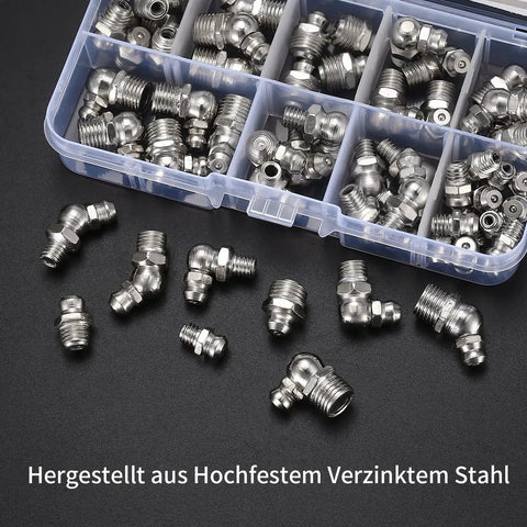 60 Piece Metric Grease Fittings Kit With Straight And Angled Zerk Fittings M6 M8 M10 in plastic case on black surface