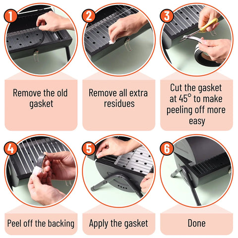 Grill Gasket Sealer For Smoker One Half Inch Wide By One Eighth Inch Thick, Fifteen Feet Long, High Temperature Sealing Tape, Easy To Cut To Fit, Seals Air Leaks And Boosts BBQ Grill Performance. Installation steps on smoker grill