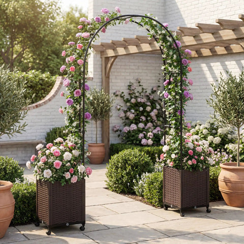 Metal Garden Arch Trellis Arbor With Two Self Watering Planter Boxes For Easy Planting And Climbing Vines PE Coated Archway
