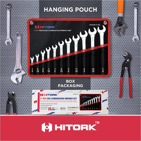 Shop Tested Beefy 11 Piece SAE Combination Wrench Set With Heavy Duty Roll Pouch displaying wrenches on a hanging pouch and box packaging.
