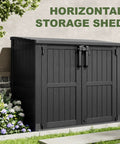 36 Cu Ft Resin Outdoor Storage Shed With Weatherproof Horizontal Cabinet And Dual Lock Doors in black wood grain finish