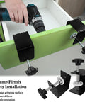 Two Pack Heavy Duty Large Drawer Installation Clamps With Three Millimeter Thickened Build For Rock Solid Holes And Zero Guesswork Cabinet Hardware Jig in use, showing drilling setup.