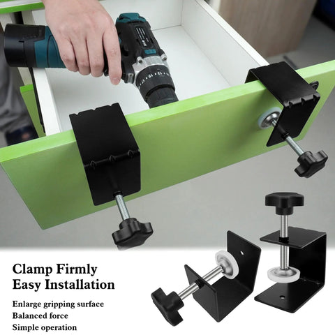 Two Pack Heavy Duty Large Drawer Installation Clamps With Three Millimeter Thickened Build For Rock Solid Holes And Zero Guesswork Cabinet Hardware Jig in use, showing drilling setup.