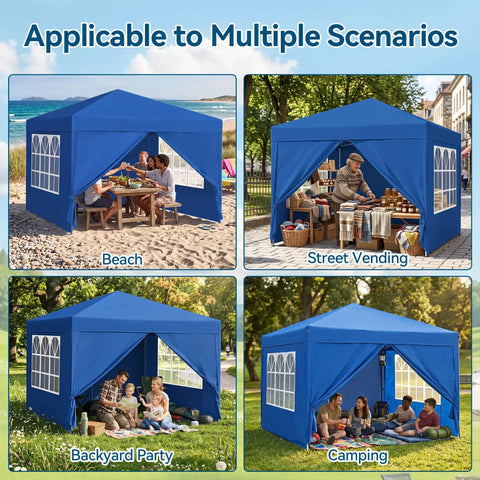 10x10 Auto Pop Up Canopy Tent With Weatherproof Sidewalls Instant Waterproof Sun Shade Gazebo set up for beach, street vending, backyard party, and camping.