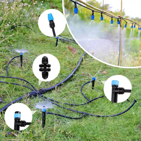 230-Foot Drip Irrigation System Kit With Quick Connect showing 1/2 and 1/4 inch tubing with adjustable nozzles and sprinklers