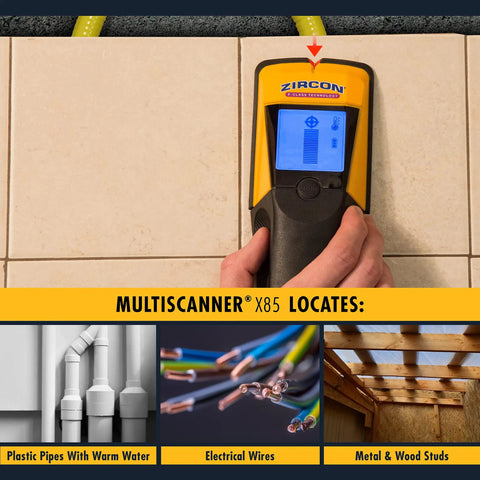Slick X85 Center Finding Stud Finder With Ac Live Wire Detection And Thermal Wall Scanner For Finding Wood Metal Studs And Heated Pex Plumbing Up To Two Inches Deep With Backlit Lcd Screen For No Sweat Work
