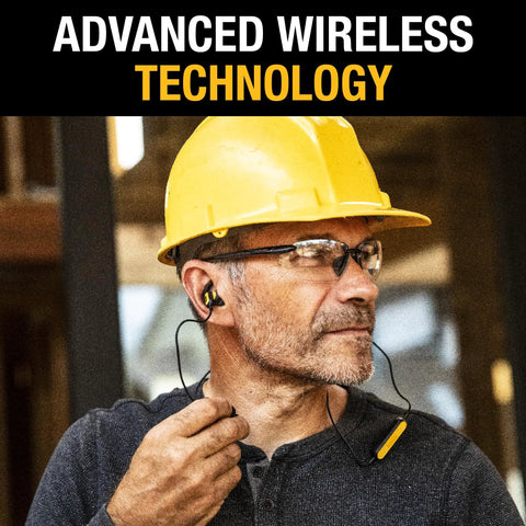 Worker wearing Heavy Duty Neckband Bluetooth Earbuds With Microphone, IP56 Waterproof, Bluetooth 5.2 Wireless Headphones.