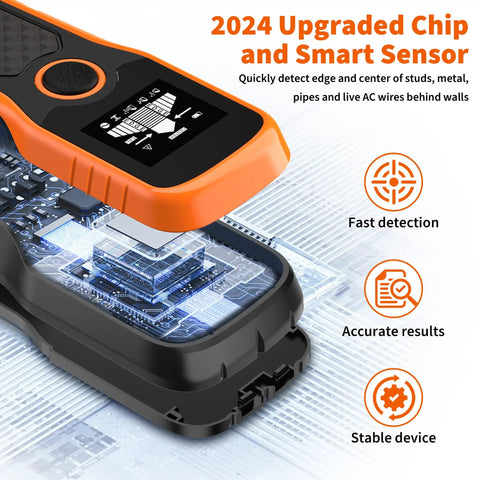 Advanced 5-In-1 Wall Scanner Stud Finder For Quick Dead-On Detection Of Wood Studs Metal Joists Pipes And Live Wires In Walls And Ceilings For DIYers And Pros Orange, orange and black handheld scanner
