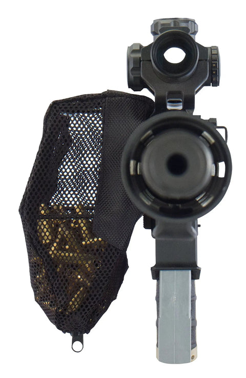 Front view of Hard Hitting Brass Catcher with Picatinny mount and heat resistant mesh attached to a rifle, catching brass casings.