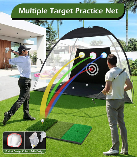 Home Golf Net 10x7ft Set With Foldable Tri Turf Mat And Training Target for backyard swing practice with golfers using it