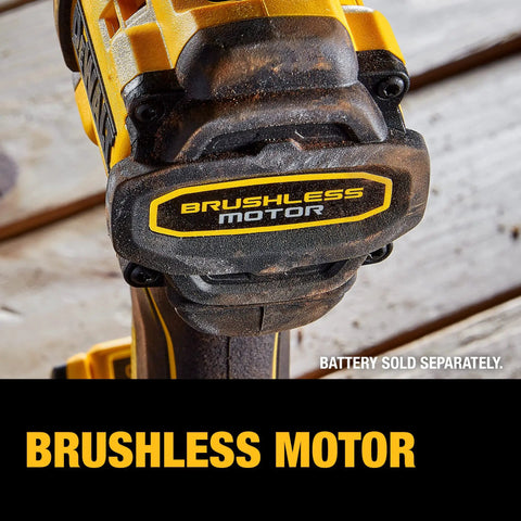 Close-up of 20V Max XR Cordless Drill/Driver Bare Tool 1/2 Inch with brushless motor label visible.