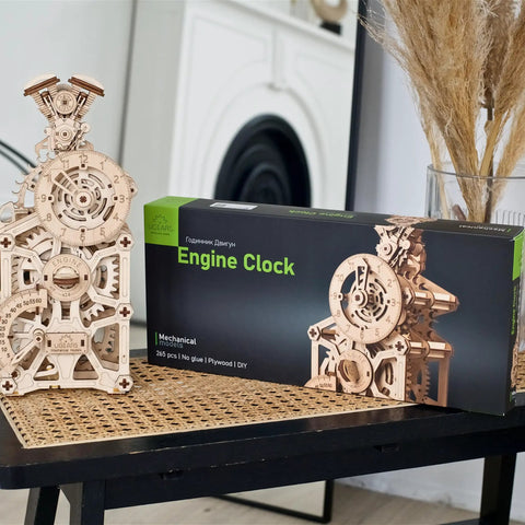Engine Clock 3D Puzzle Kit With Moving Pistons, Auto Theme Mechanical Clock, DIY Steam Engine Gear, Speedometer Style Time Display, 11.8 Inch Tall, Brain Teaser Clock Kit For Do It Yourself Enthusiasts displayed on a table