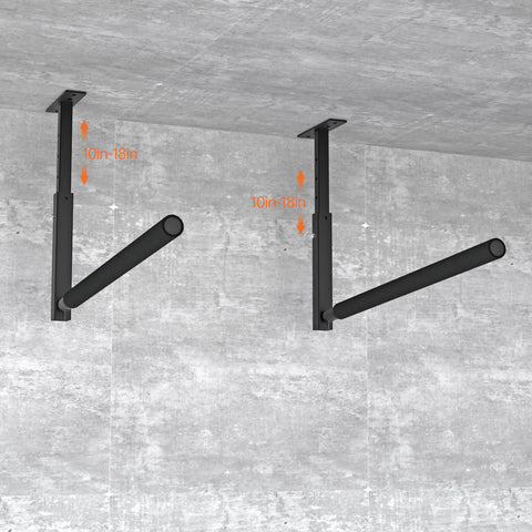 Adjustable Ladder Ceiling Rack For Overhead Garage Storage Holds Up To 150 Lbs Heavy Duty Powder Coated Steel Kayak Surfboard Snowboard And More Great For Ladders And Gear In Your Garage installed on ceiling, adjustable height 10-18 inches.
