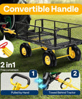 Heavy Duty Steel Garden Cart With 900 Lb Capacity 38x20 Rust Proof Bed 10 Inch Wheels And ATV Or Tractor Attachment shown with convertible handle