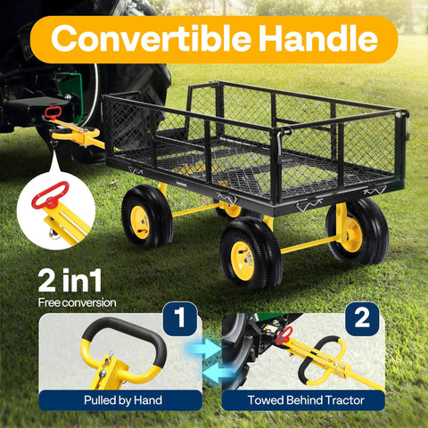 Heavy Duty Steel Garden Cart With 900 Lb Capacity 38x20 Rust Proof Bed 10 Inch Wheels And ATV Or Tractor Attachment shown with convertible handle