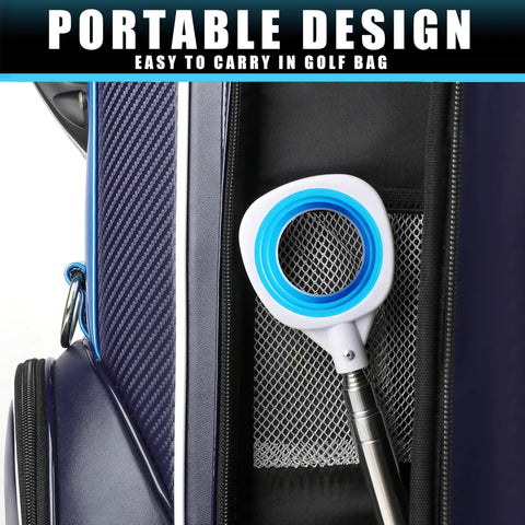 Performance Golf Ball Retriever With Thick Stainless Steel Shaft And Rubber Grip stored in a golf bag