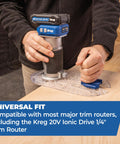 Smooth As Butter Trim Router Base Plate With Dead Nuts Secure Grip in use with a Kreg trim router on wood.
