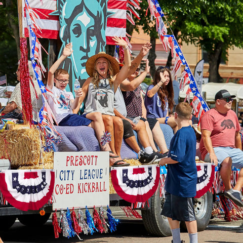 Parade float with Three Piece Pleated Fan All American Flags Set 1.5x3 Ft Red White Blue Banners for 4th of July outdoor decor